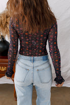 Black Mesh Floral Lace Cuff Bodysuit-Long Sleeve Tops-Krush Kandy, Women's Online Fashion Boutique Located in Phoenix, Arizona (Scottsdale Area)