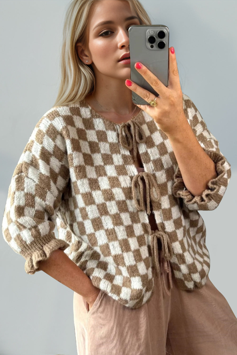 Double Take Tied Checkered Dropped Shoulder Flounce Sleeve Cardigan-Krush Kandy, Women's Online Fashion Boutique Located in Phoenix, Arizona (Scottsdale Area)