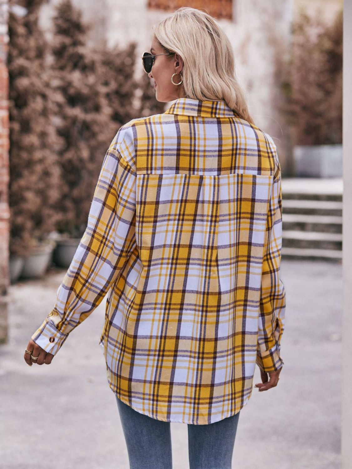 Plaid Dropped Shoulder Longline Shirt-Long Sleeve Tops-Krush Kandy, Women's Online Fashion Boutique Located in Phoenix, Arizona (Scottsdale Area)