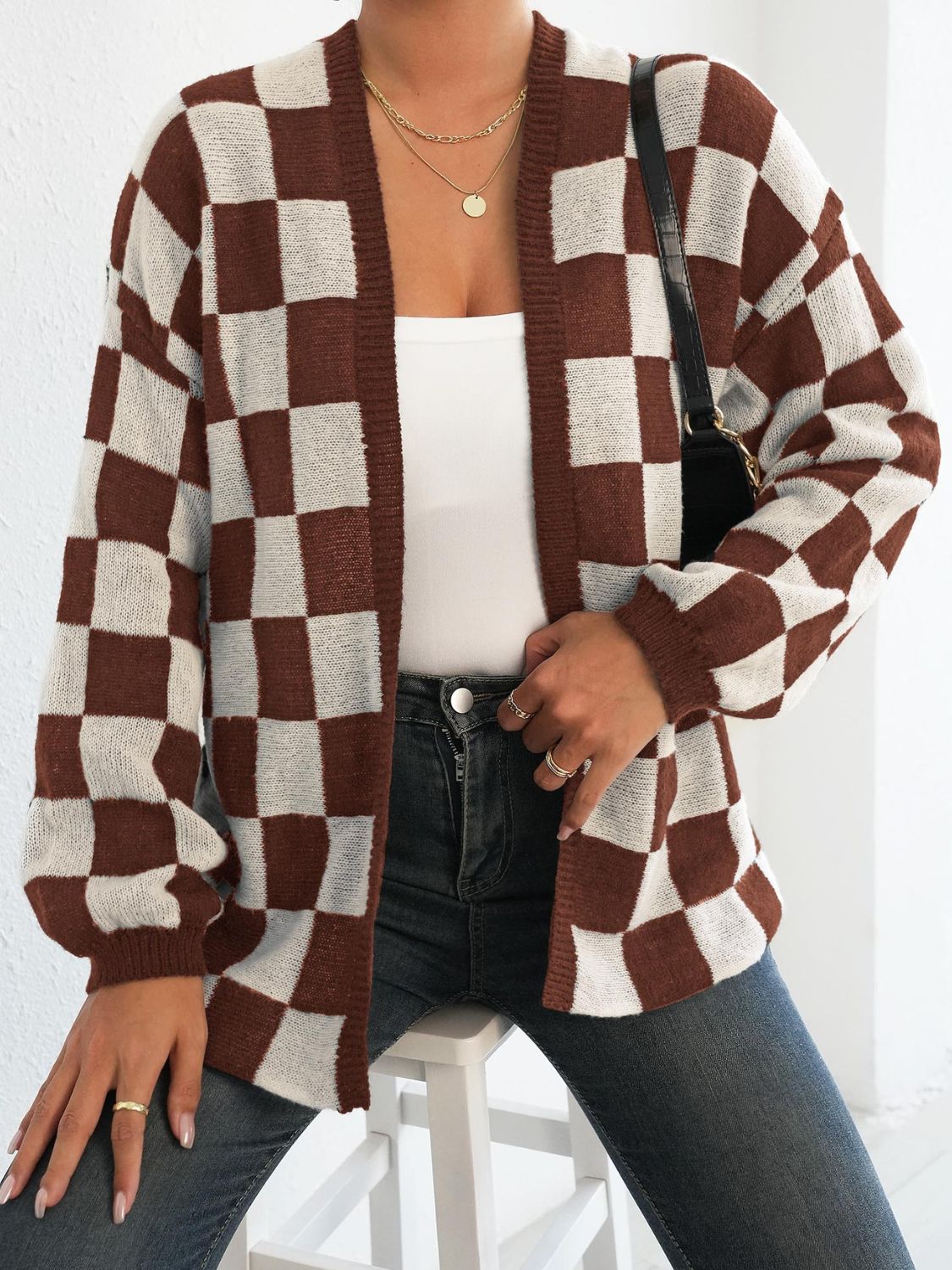 Checkered Open Front Long Sleeve Cardigan-Cardigans-Krush Kandy, Women's Online Fashion Boutique Located in Phoenix, Arizona (Scottsdale Area)