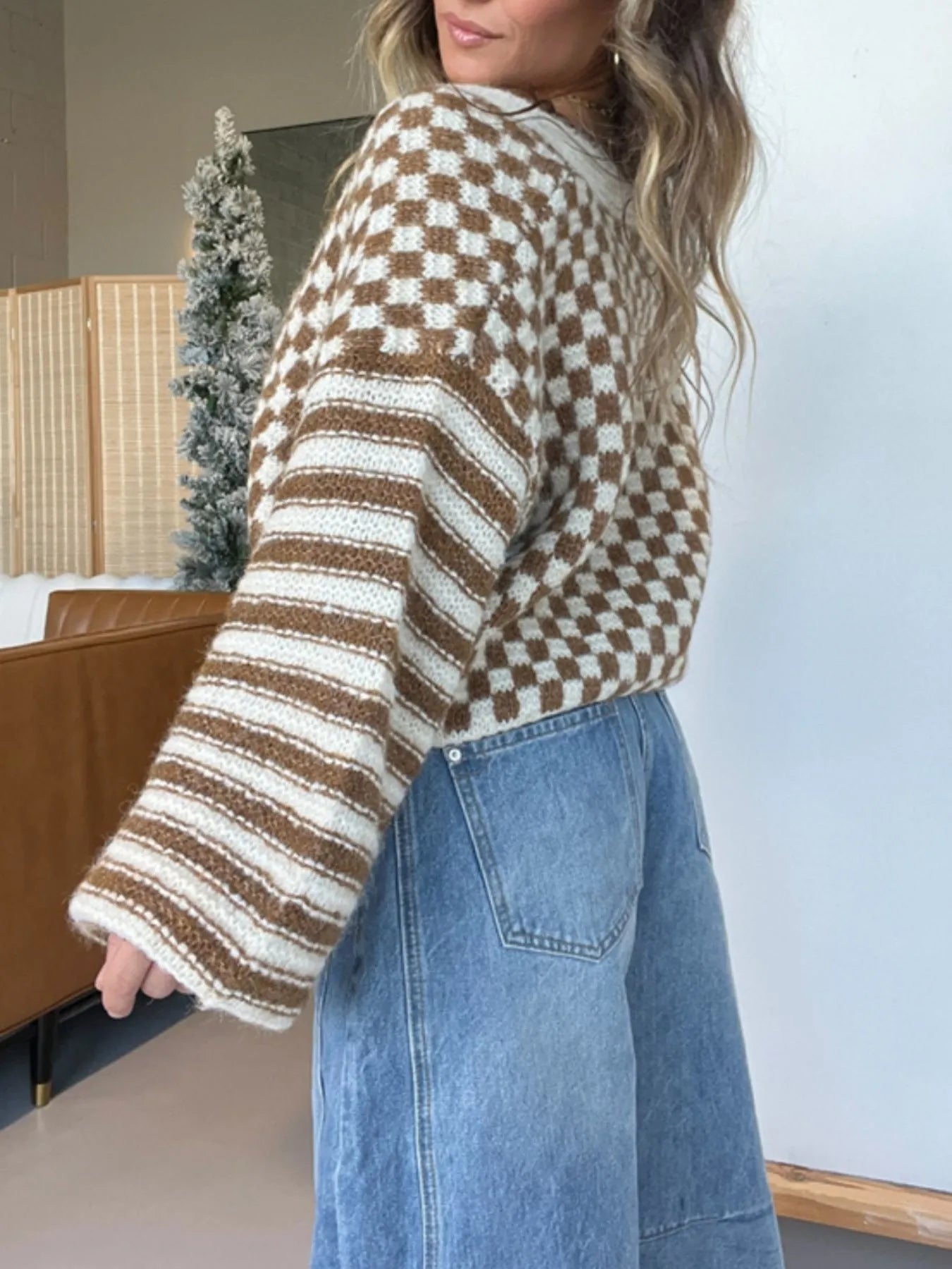 Checkered and Striped Pattern Button-Front Cropped Cardigan-Cardigan-Krush Kandy, Women's Online Fashion Boutique Located in Phoenix, Arizona (Scottsdale Area)