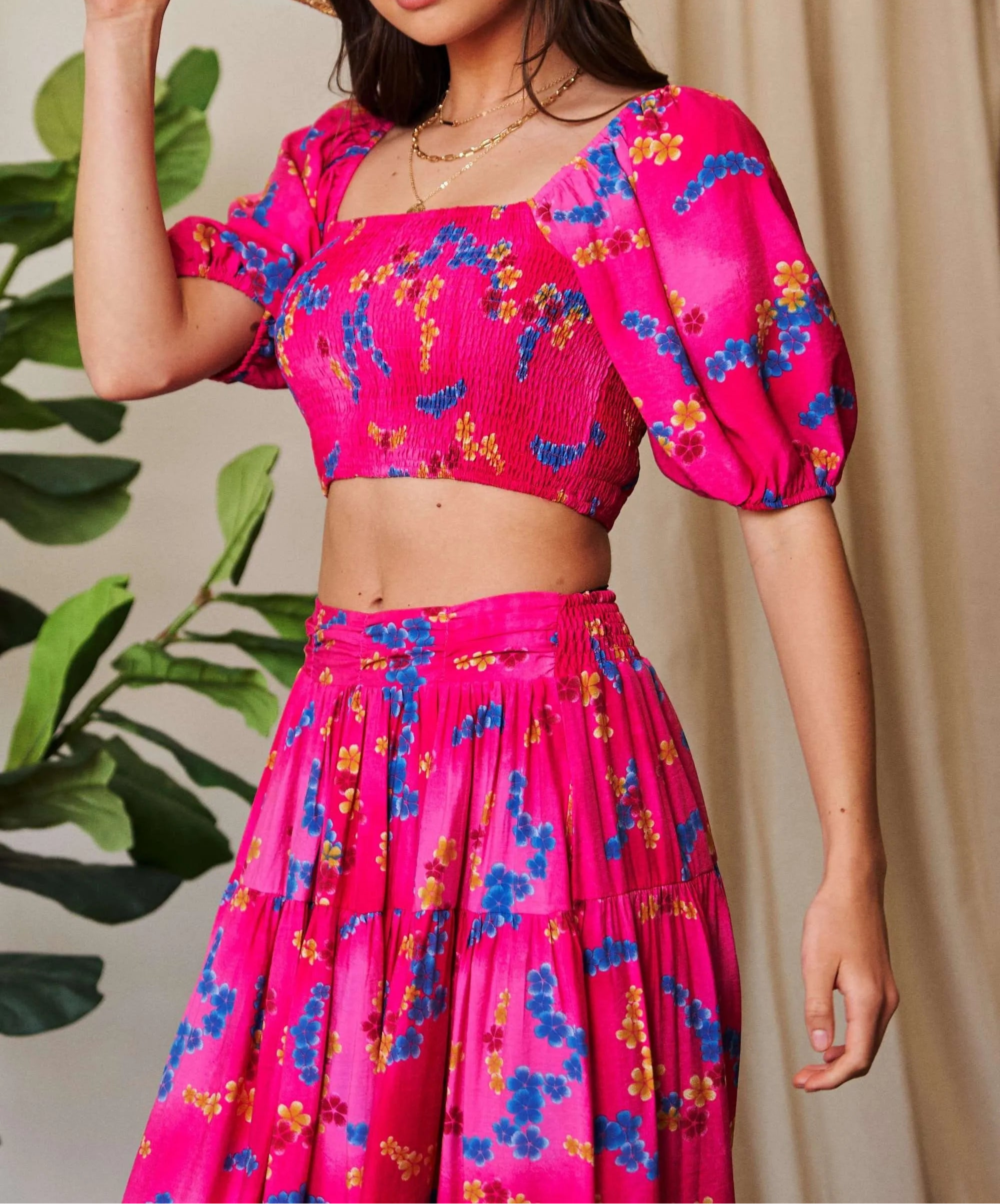Davi & Dani Smocing Bodice Puff Short Sleeve Printed Crop Top-2 Piece Outfit Sets-Krush Kandy, Women's Online Fashion Boutique Located in Phoenix, Arizona (Scottsdale Area)