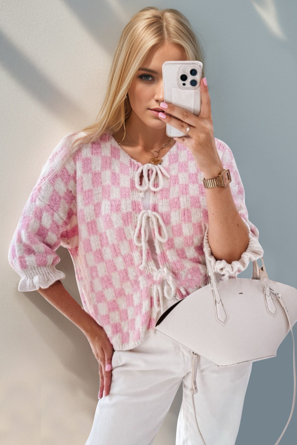 Double Take Tied Checkered Dropped Shoulder Flounce Sleeve Cardigan-Krush Kandy, Women's Online Fashion Boutique Located in Phoenix, Arizona (Scottsdale Area)