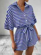 Tie Waist Half Button Striped Romper-Jumpsuits & Rompers-Krush Kandy, Women's Online Fashion Boutique Located in Phoenix, Arizona (Scottsdale Area)