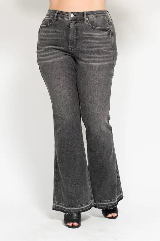Judy Blue Full Size Mid Rise Tummy Control Washed Gray Release Hem Flare Jeans Plus Size-Denim-Krush Kandy, Women's Online Fashion Boutique Located in Phoenix, Arizona (Scottsdale Area)