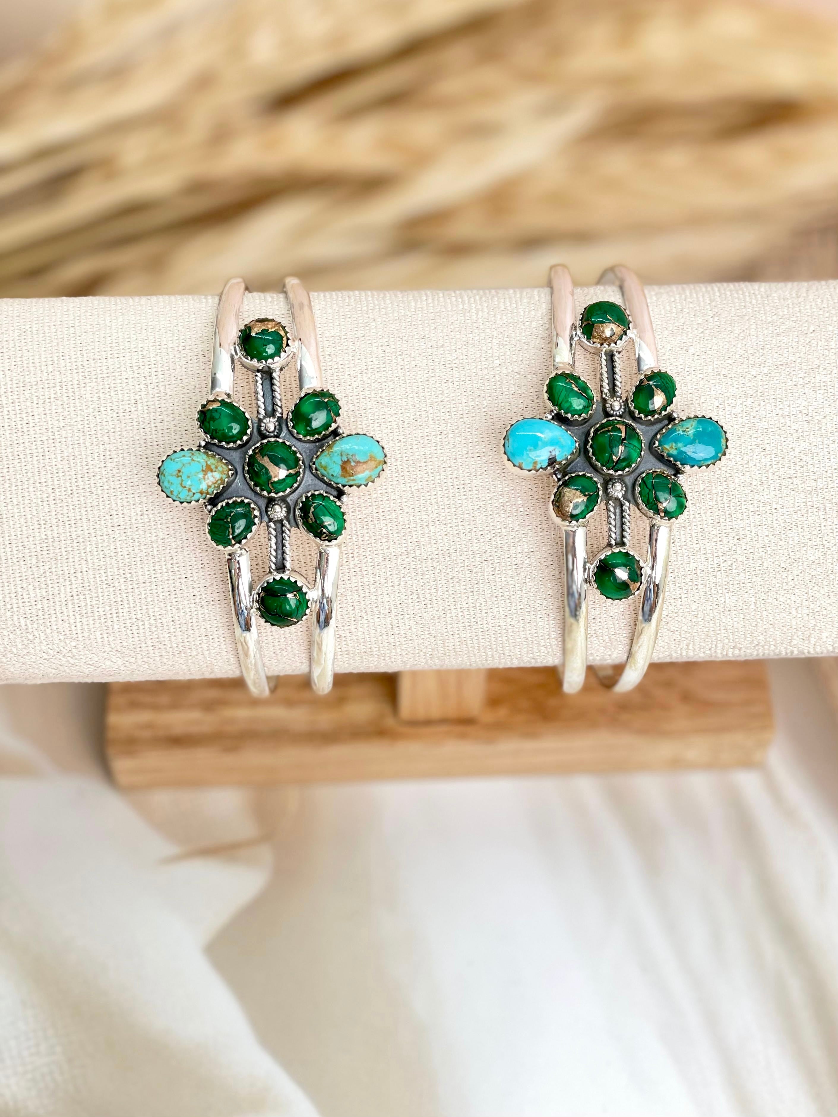 Irish Green Dahlia & Kingman Turquoise Adjustable Cuff Bangles sno 18-Bracelets-Krush Kandy, Women's Online Fashion Boutique Located in Phoenix, Arizona (Scottsdale Area)