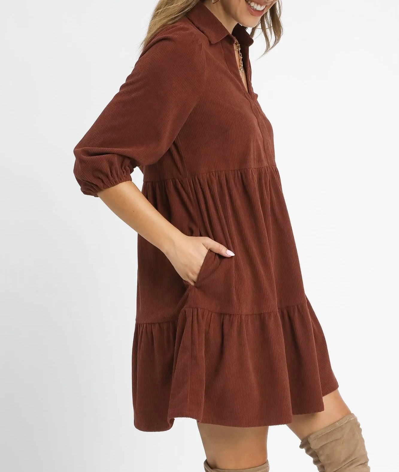 Umgee Tiered Corduroy Mini Dress with Balloon Sleeves-dresses-Krush Kandy, Women's Online Fashion Boutique Located in Phoenix, Arizona (Scottsdale Area)