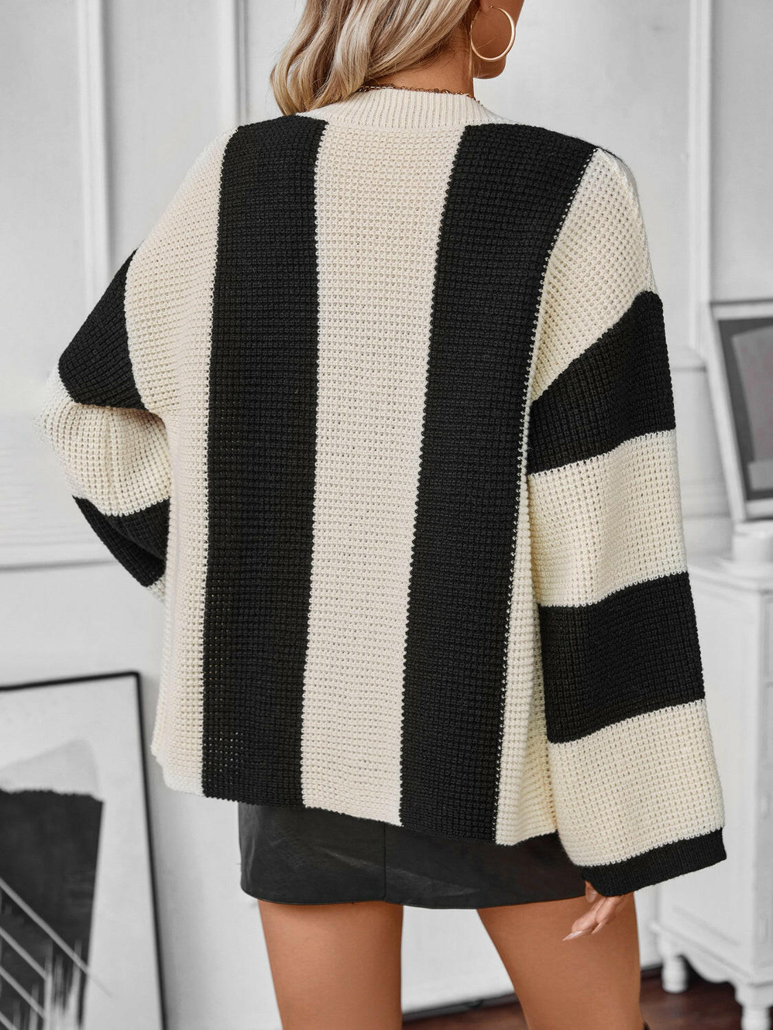Waffle-Knit V-Neck Striped Long Sleeve Cardigan-Krush Kandy, Women's Online Fashion Boutique Located in Phoenix, Arizona (Scottsdale Area)