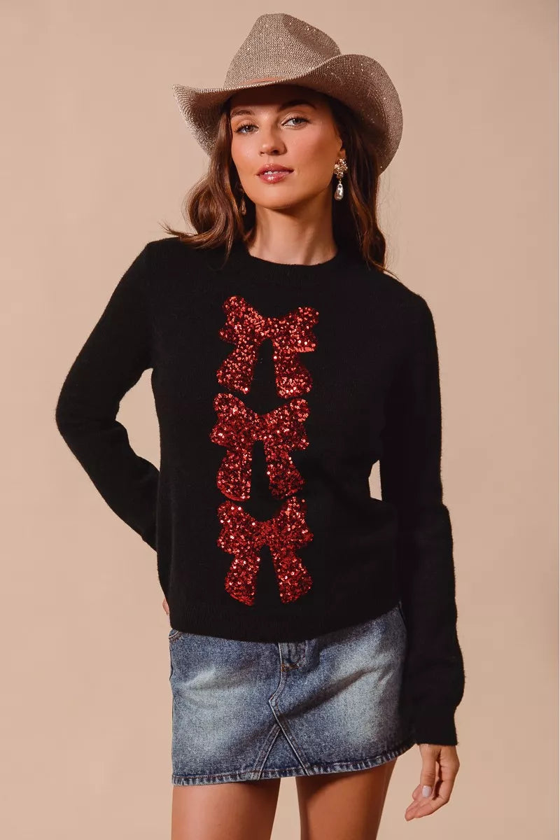 SO ME Sequins Bow Ribbon Embellished Christmas Sweater-Krush Kandy, Women's Online Fashion Boutique Located in Phoenix, Arizona (Scottsdale Area)