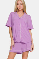 Zenana Button Down Short Sleeve Top and Shorts Lounge Set-Loungewear-Krush Kandy, Women's Online Fashion Boutique Located in Phoenix, Arizona (Scottsdale Area)