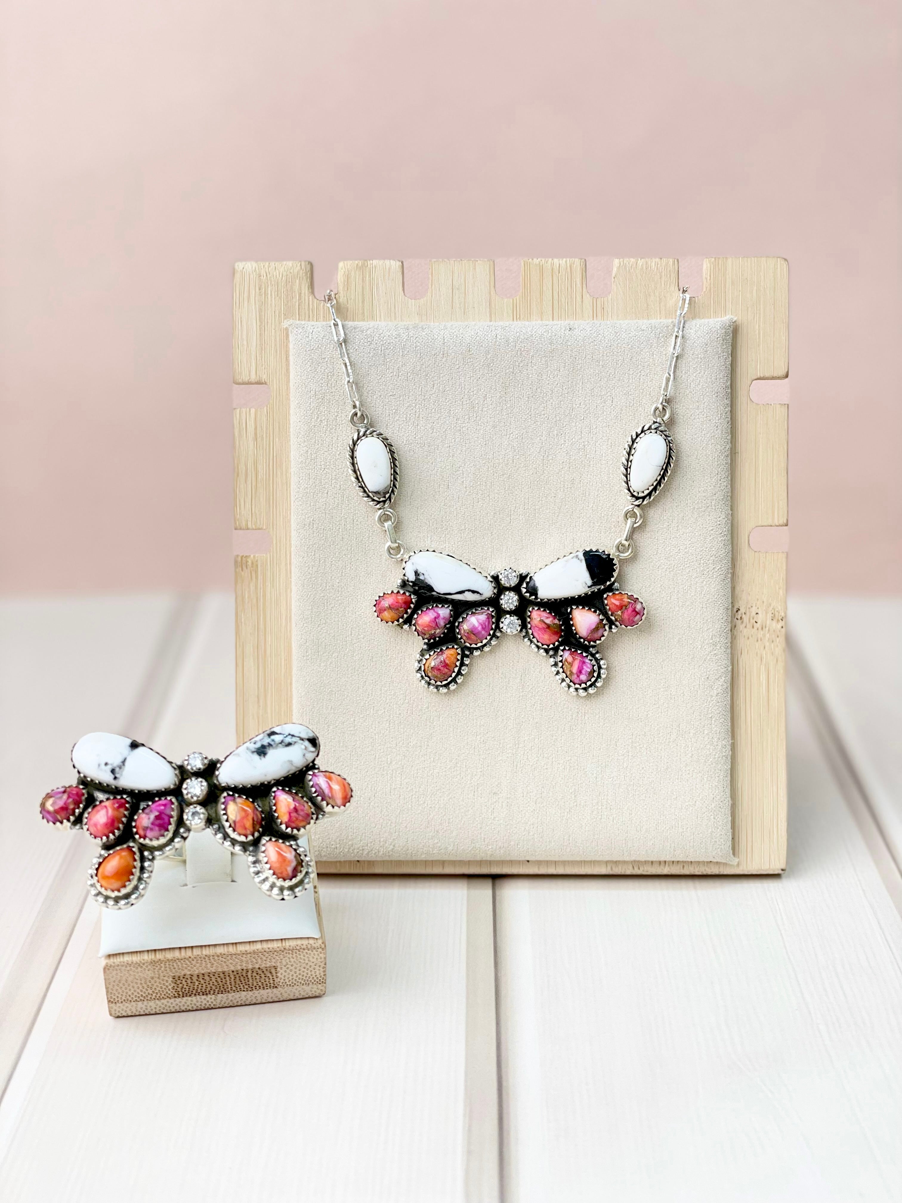 White Buffalo & Pink Dahlia Ruffled Bow Set-Necklaces-Krush Kandy, Women's Online Fashion Boutique Located in Phoenix, Arizona (Scottsdale Area)