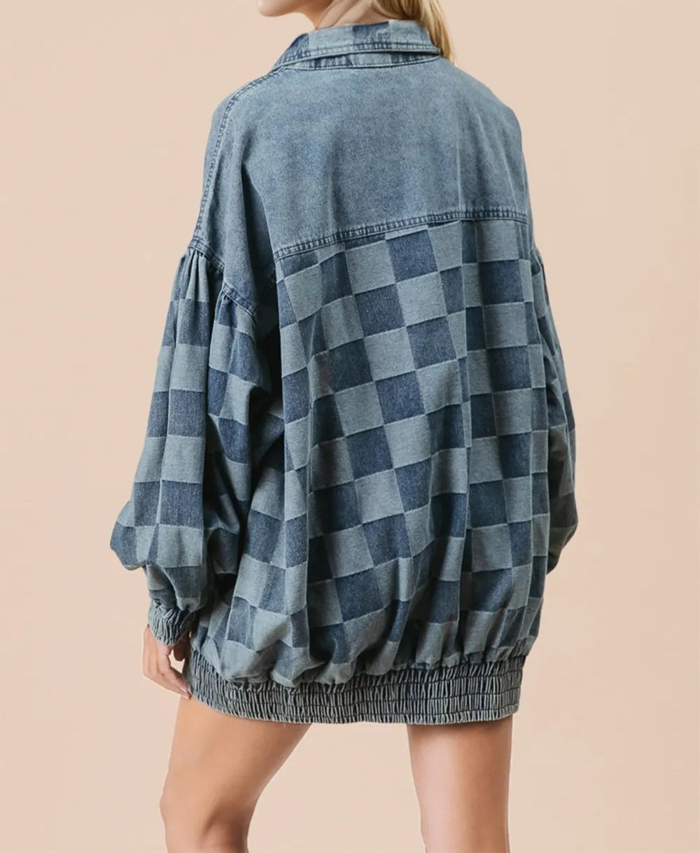 Double Take Checkered Button Up Denim Jacket-Jacket-Krush Kandy, Women's Online Fashion Boutique Located in Phoenix, Arizona (Scottsdale Area)
