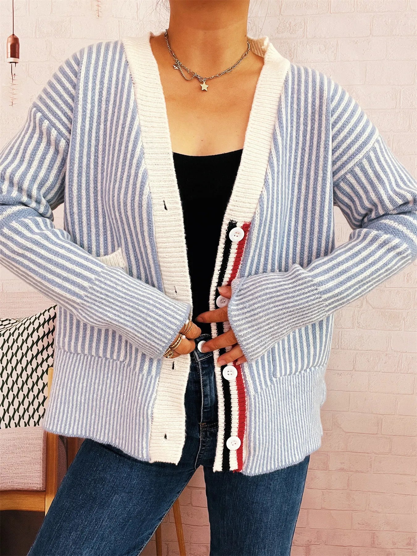 Striped Button-Front Cardigan with Contrast Trim-Cardigan-Krush Kandy, Women's Online Fashion Boutique Located in Phoenix, Arizona (Scottsdale Area)