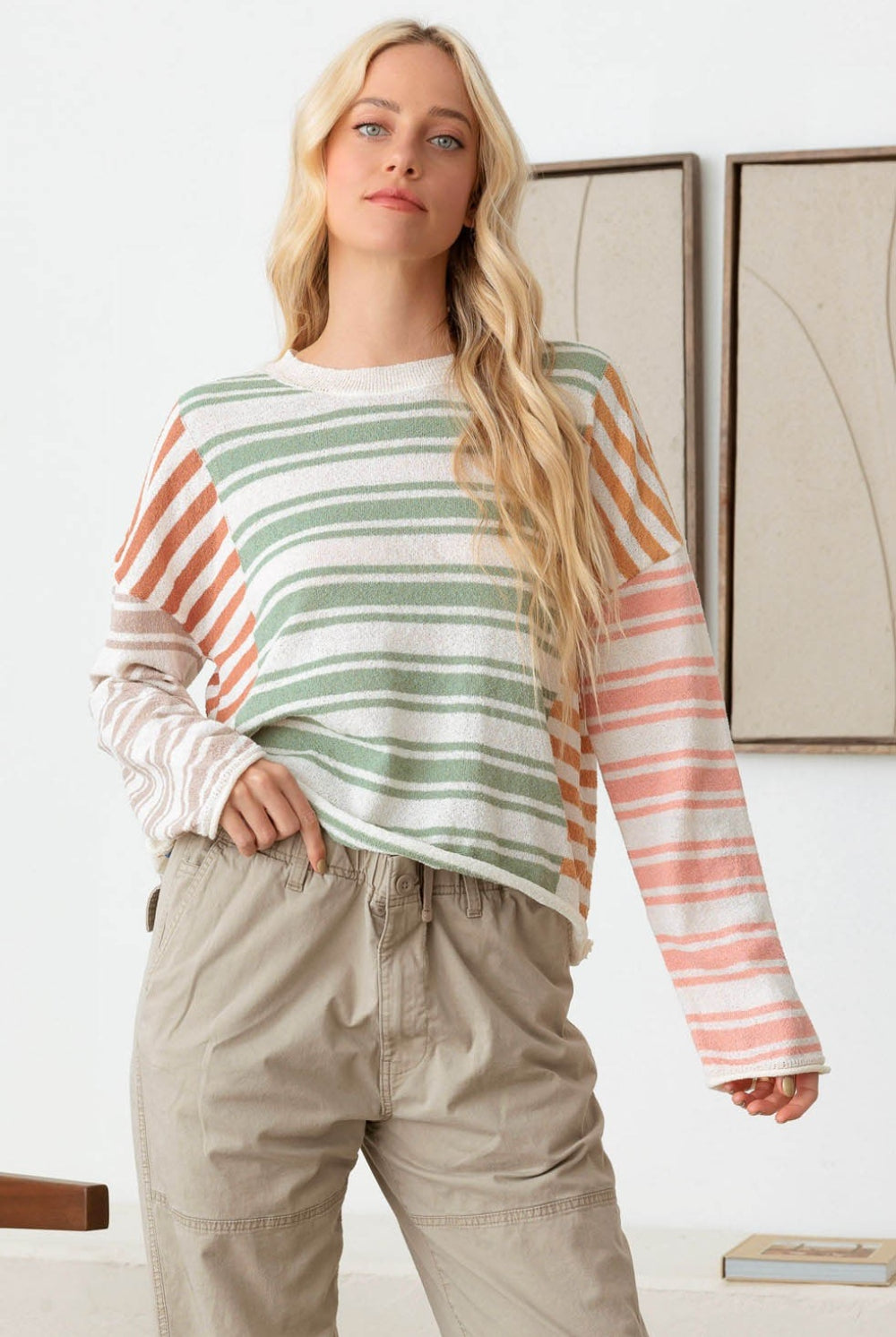 Tasha Apparel Color Block Stripe Long Sleeve Relaxed Knit Top-Krush Kandy, Women's Online Fashion Boutique Located in Phoenix, Arizona (Scottsdale Area)