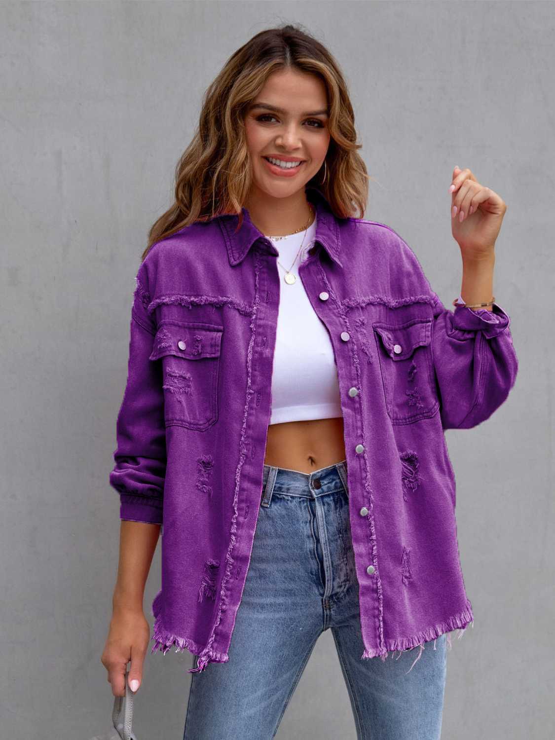 Distressed Drop Shoulder Denim Jacket-Krush Kandy, Women's Online Fashion Boutique Located in Phoenix, Arizona (Scottsdale Area)
