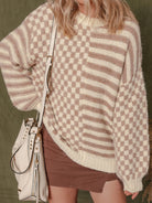 Stripe Checkerboard Drop Shoulder Balloon Sleeve Sweater-Sweaters-Krush Kandy, Women's Online Fashion Boutique Located in Phoenix, Arizona (Scottsdale Area)