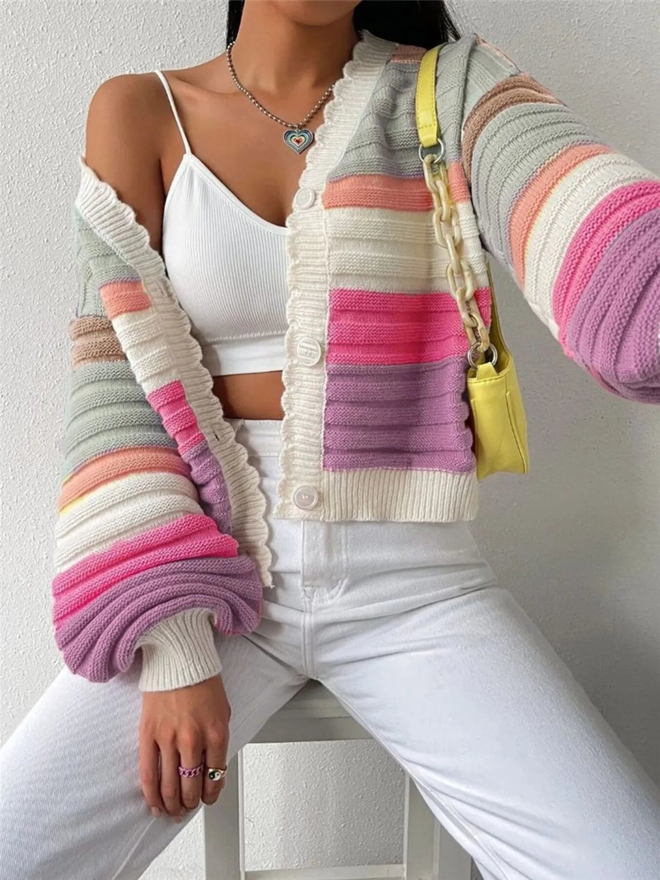 Rainbow Striped Cropped Cardigan with Balloon Sleeves-Cardigan-Krush Kandy, Women's Online Fashion Boutique Located in Phoenix, Arizona (Scottsdale Area)