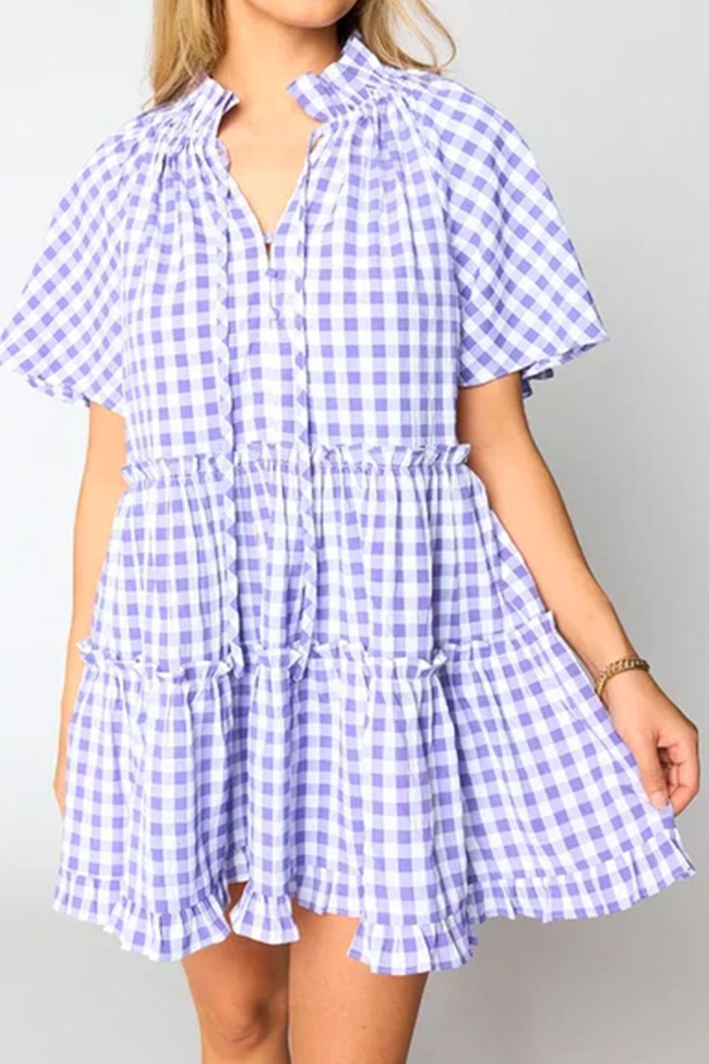 Plaid Tie Neck Short Sleeve Babydoll Mini Dress-Dresses-Krush Kandy, Women's Online Fashion Boutique Located in Phoenix, Arizona (Scottsdale Area)