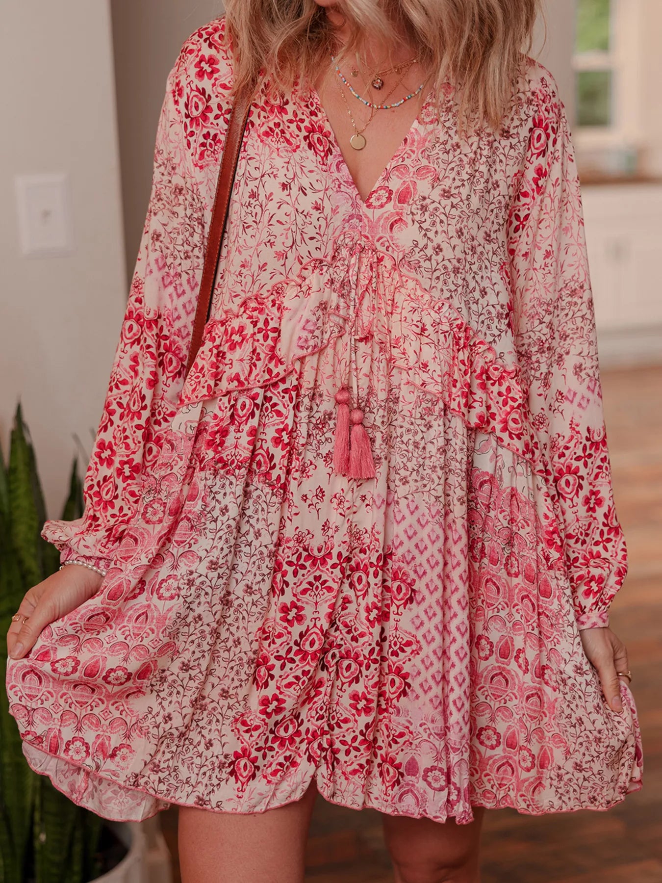 loral Print Tassel Tie Long Sleeve Flowy Mini Dress-Dresses-Krush Kandy, Women's Online Fashion Boutique Located in Phoenix, Arizona (Scottsdale Area)