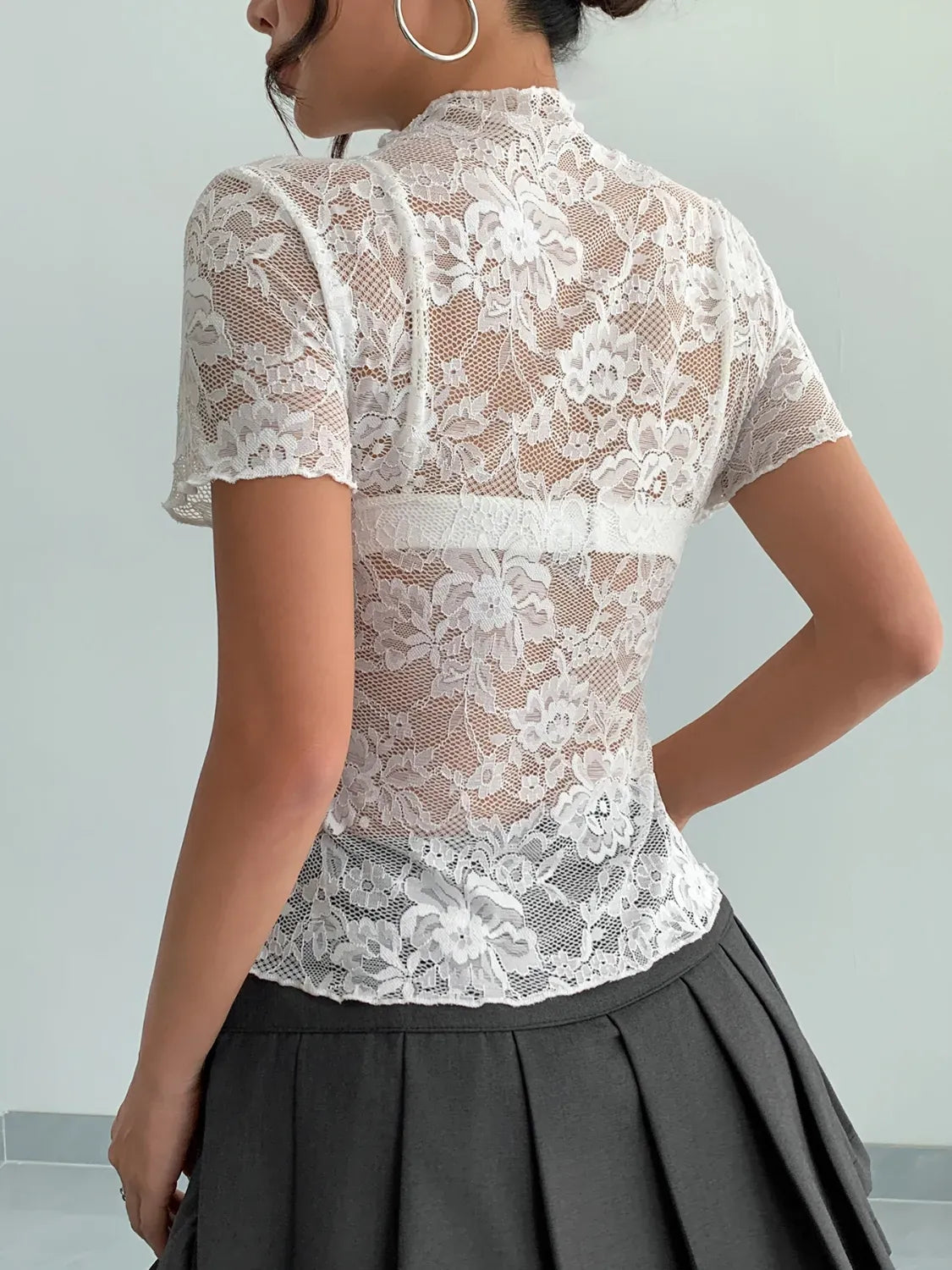 Lace Mock Neck Short Sleeve Top-tops-Krush Kandy, Women's Online Fashion Boutique Located in Phoenix, Arizona (Scottsdale Area)
