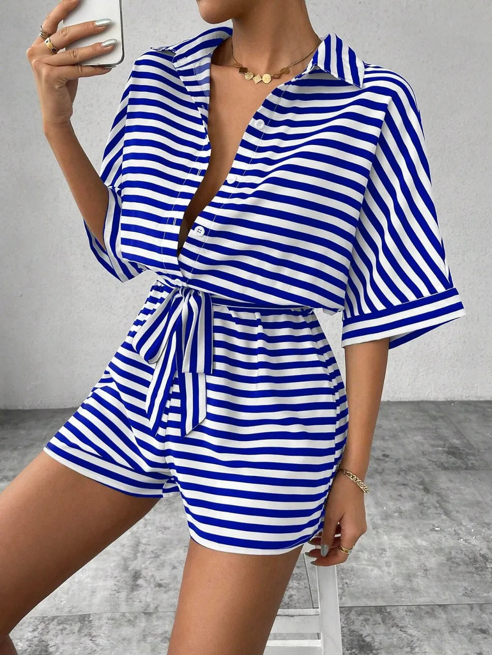 Tie Waist Half Button Striped Romper-Jumpsuits & Rompers-Krush Kandy, Women's Online Fashion Boutique Located in Phoenix, Arizona (Scottsdale Area)