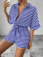 Tie Waist Half Button Striped Romper-Jumpsuits & Rompers-Krush Kandy, Women's Online Fashion Boutique Located in Phoenix, Arizona (Scottsdale Area)