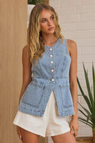Sleeveless Button-Front Denim Vest Top-Tops-Krush Kandy, Women's Online Fashion Boutique Located in Phoenix, Arizona (Scottsdale Area)