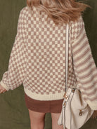 Stripe Checkerboard Drop Shoulder Balloon Sleeve Sweater-Sweaters-Krush Kandy, Women's Online Fashion Boutique Located in Phoenix, Arizona (Scottsdale Area)