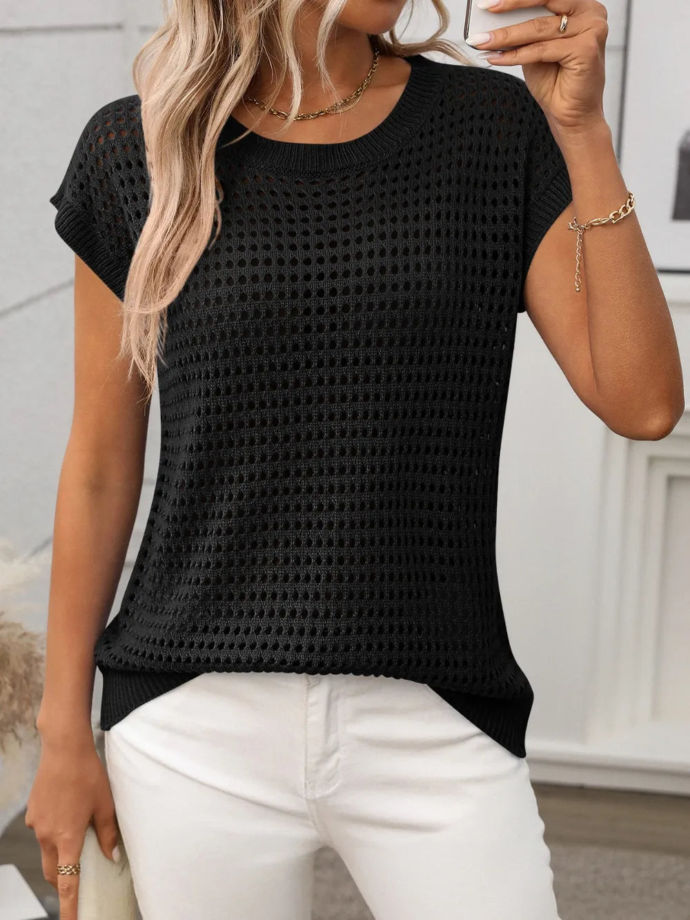 Openwork Round Neck Short Sleeve Knit Cover Up-Krush Kandy, Women's Online Fashion Boutique Located in Phoenix, Arizona (Scottsdale Area)