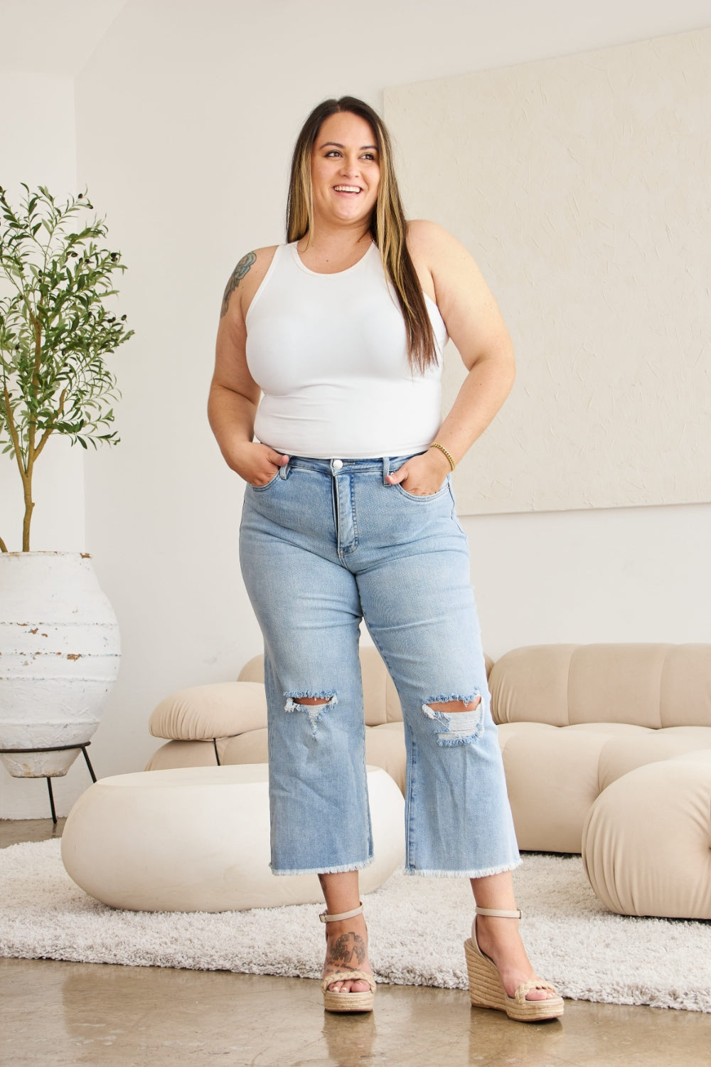 RFM Full Size Tummy Control High Waist Raw Hem Distressed Jeans-Krush Kandy, Women's Online Fashion Boutique Located in Phoenix, Arizona (Scottsdale Area)