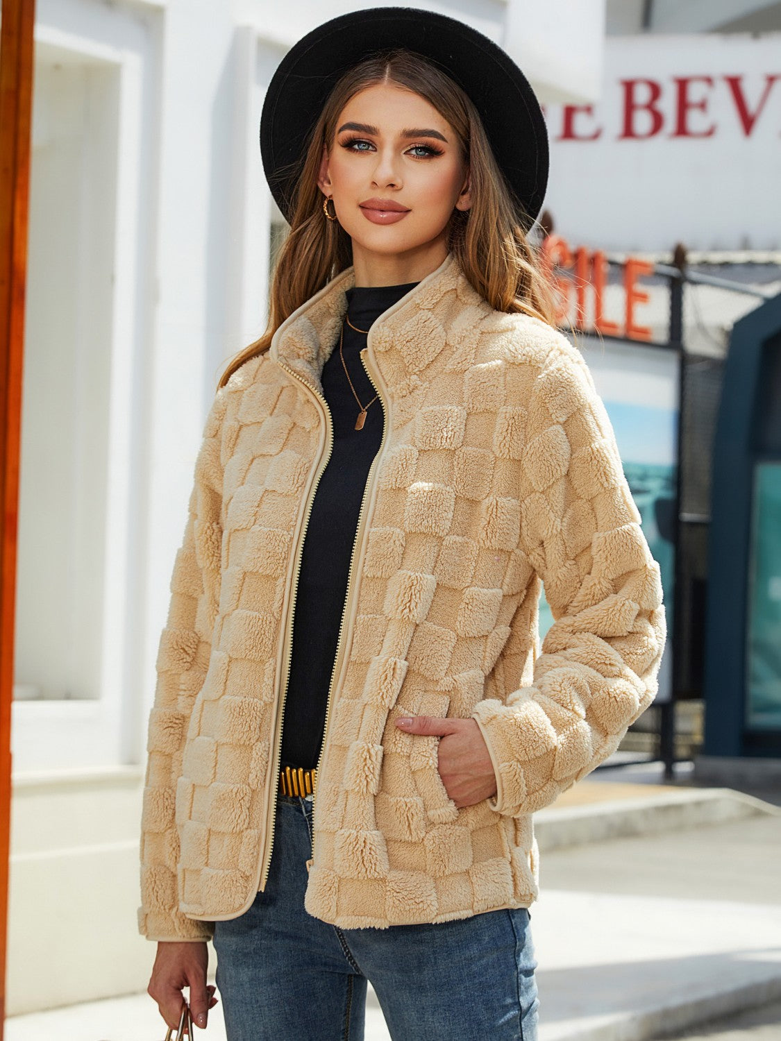 Fuzzy Checkered Zip Up Jacket-Krush Kandy, Women's Online Fashion Boutique Located in Phoenix, Arizona (Scottsdale Area)