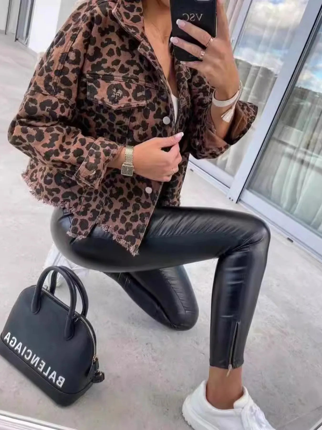 Leopard Print Raw Hem Denim Jacket-Jackets-Krush Kandy, Women's Online Fashion Boutique Located in Phoenix, Arizona (Scottsdale Area)