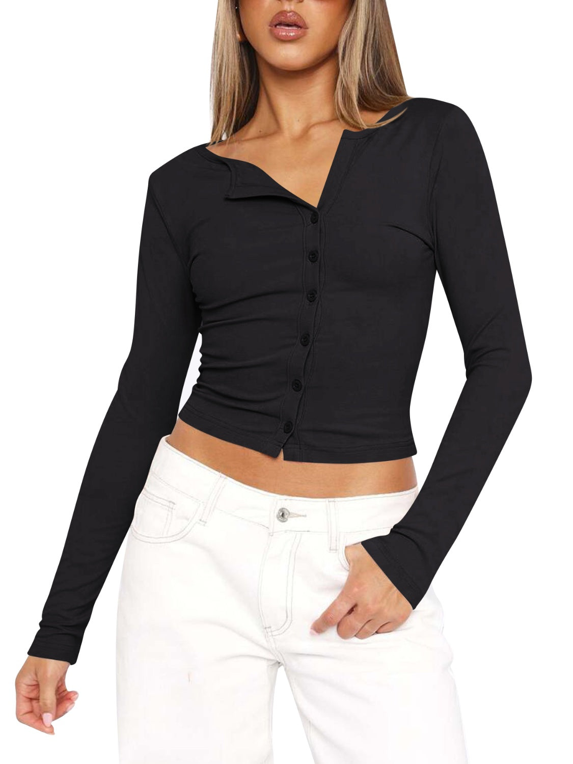 Lovelet Button Up Round Neck Long Sleeve T-Shirt-Krush Kandy, Women's Online Fashion Boutique Located in Phoenix, Arizona (Scottsdale Area)