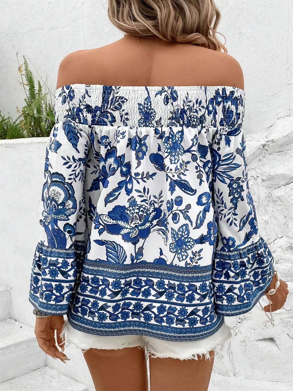 Smocked Printed Off-Shoulder Blouse-Blouses-Krush Kandy, Women's Online Fashion Boutique Located in Phoenix, Arizona (Scottsdale Area)
