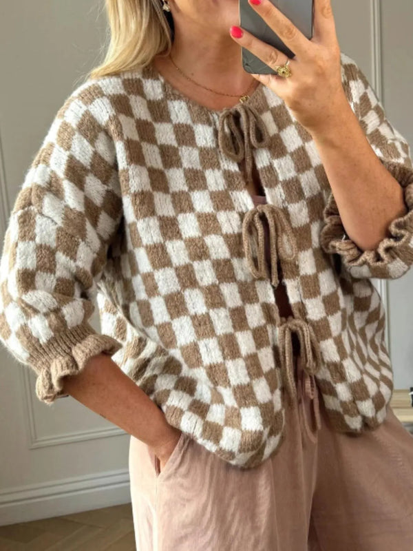 Checkered Tie-Front Knit Cardigan-Cardigan-Krush Kandy, Women's Online Fashion Boutique Located in Phoenix, Arizona (Scottsdale Area)