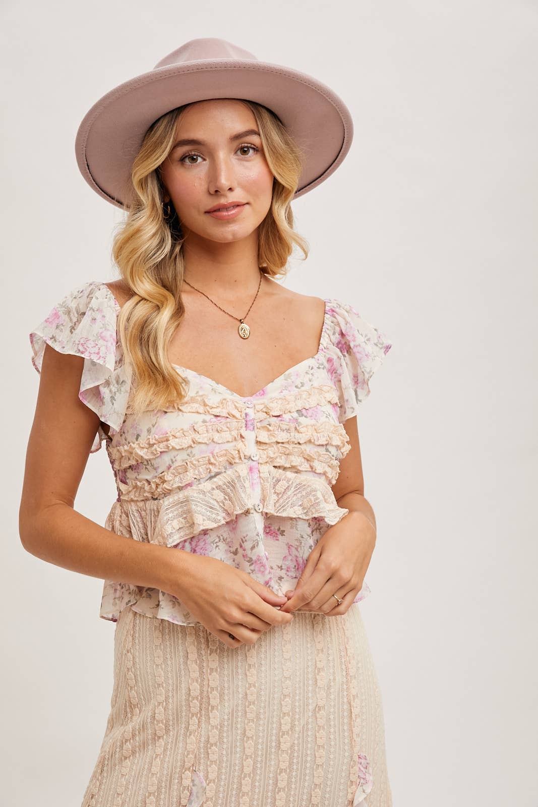 Floral Print Ruffle Lace Trimmed Sweetheart Neck Top-Tops-Krush Kandy, Women's Online Fashion Boutique Located in Phoenix, Arizona (Scottsdale Area)