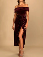Off-Shoulder Wrap Dress with Side Slit-Dresses-Krush Kandy, Women's Online Fashion Boutique Located in Phoenix, Arizona (Scottsdale Area)