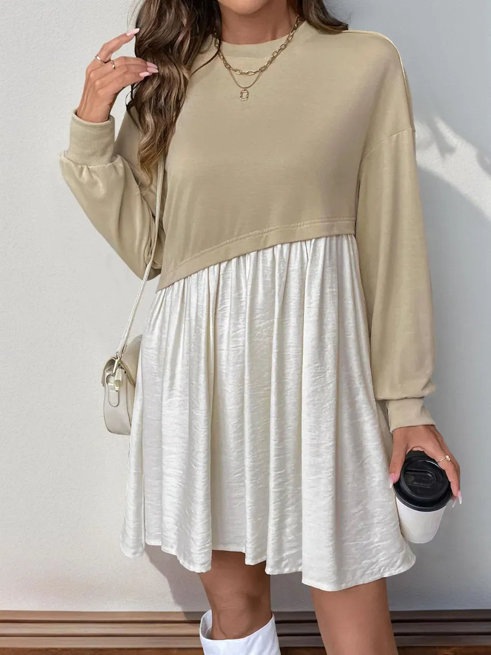 Perfee Contrast Round Neck Long Sleeve Mini Dress-Dresses-Krush Kandy, Women's Online Fashion Boutique Located in Phoenix, Arizona (Scottsdale Area)