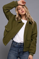 Long Sleeve Lapel Collar Soft Felt Bomber Jacket-Jackets-Krush Kandy, Women's Online Fashion Boutique Located in Phoenix, Arizona (Scottsdale Area)