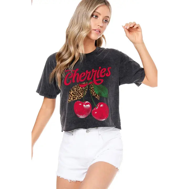 Cherries Graphic Washed Faux Crop Tee PREORDER-Graphic Tees-Krush Kandy, Women's Online Fashion Boutique Located in Phoenix, Arizona (Scottsdale Area)