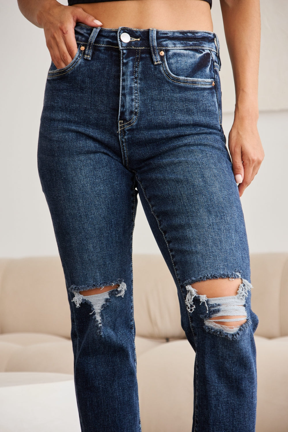 RFM Crop Dylan Full Size Tummy Control Distressed High Waist Raw Hem Jeans-Jeans-Krush Kandy, Women's Online Fashion Boutique Located in Phoenix, Arizona (Scottsdale Area)