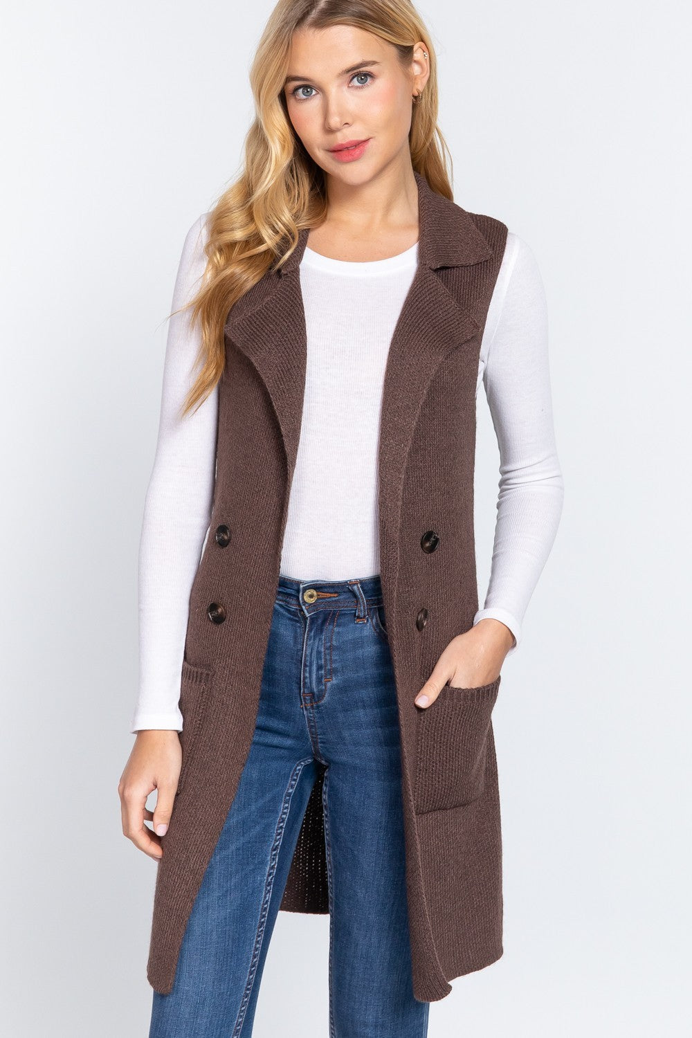 Long Sleeveless Notched Collar Sweater Vest-Vests-Krush Kandy, Women's Online Fashion Boutique Located in Phoenix, Arizona (Scottsdale Area)