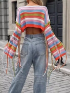 Fringe Striped Long Sleeve Crop Sweater-Sweaters-Krush Kandy, Women's Online Fashion Boutique Located in Phoenix, Arizona (Scottsdale Area)