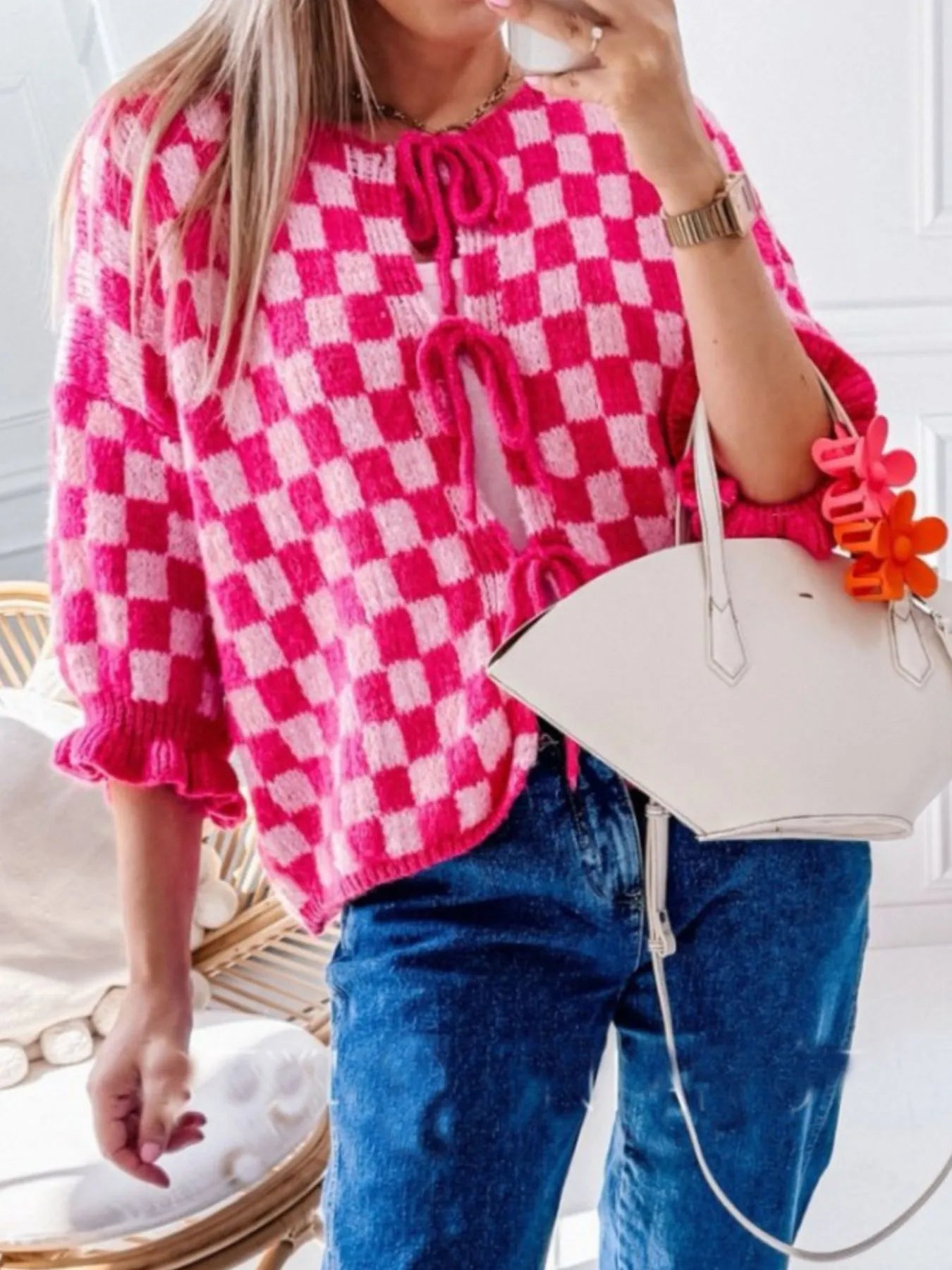 Checkered Tie-Front Knit Cardigan-Cardigan-Krush Kandy, Women's Online Fashion Boutique Located in Phoenix, Arizona (Scottsdale Area)