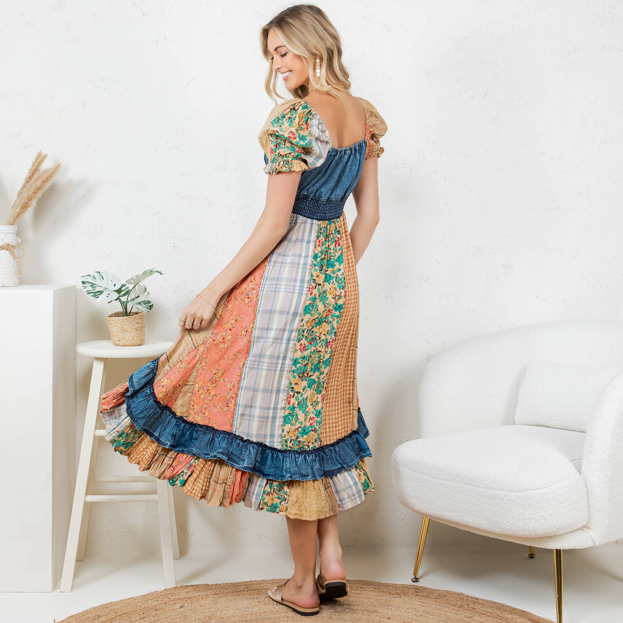 Boho Denim Patchwork Midi Dress-Dresses-Krush Kandy, Women's Online Fashion Boutique Located in Phoenix, Arizona (Scottsdale Area)