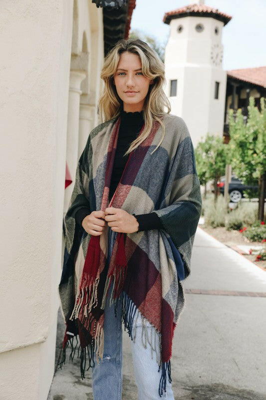 Check Ruana with Tassel Trim-Cardigans-Krush Kandy, Women's Online Fashion Boutique Located in Phoenix, Arizona (Scottsdale Area)