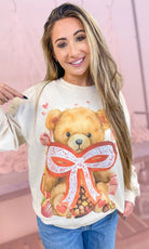 Teddy Bear Lace Bow Valentine Sweatshirt-Graphic Tees-Krush Kandy, Women's Online Fashion Boutique Located in Phoenix, Arizona (Scottsdale Area)