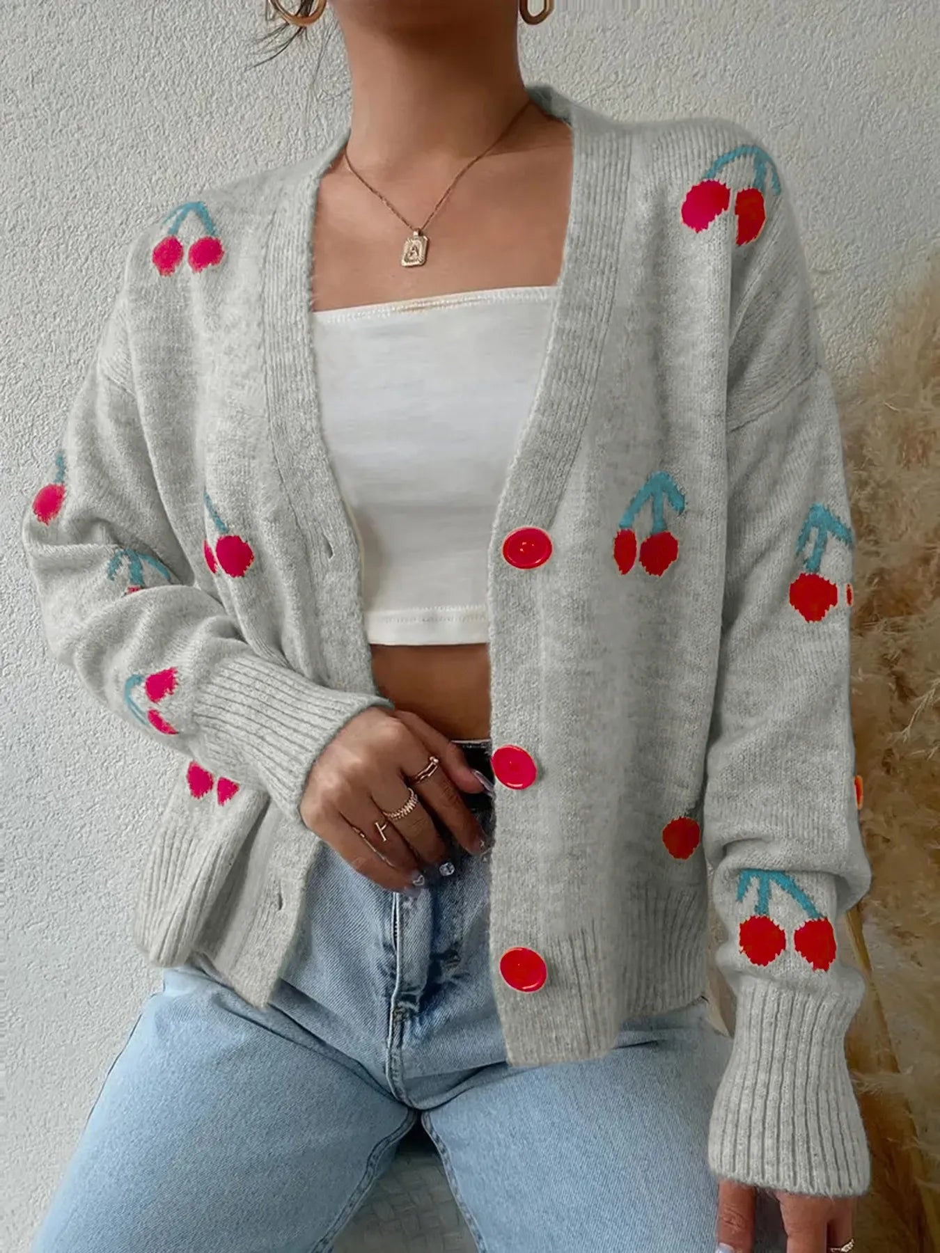 Cherry Button-Up Knit Cardigan-Tops-Krush Kandy, Women's Online Fashion Boutique Located in Phoenix, Arizona (Scottsdale Area)