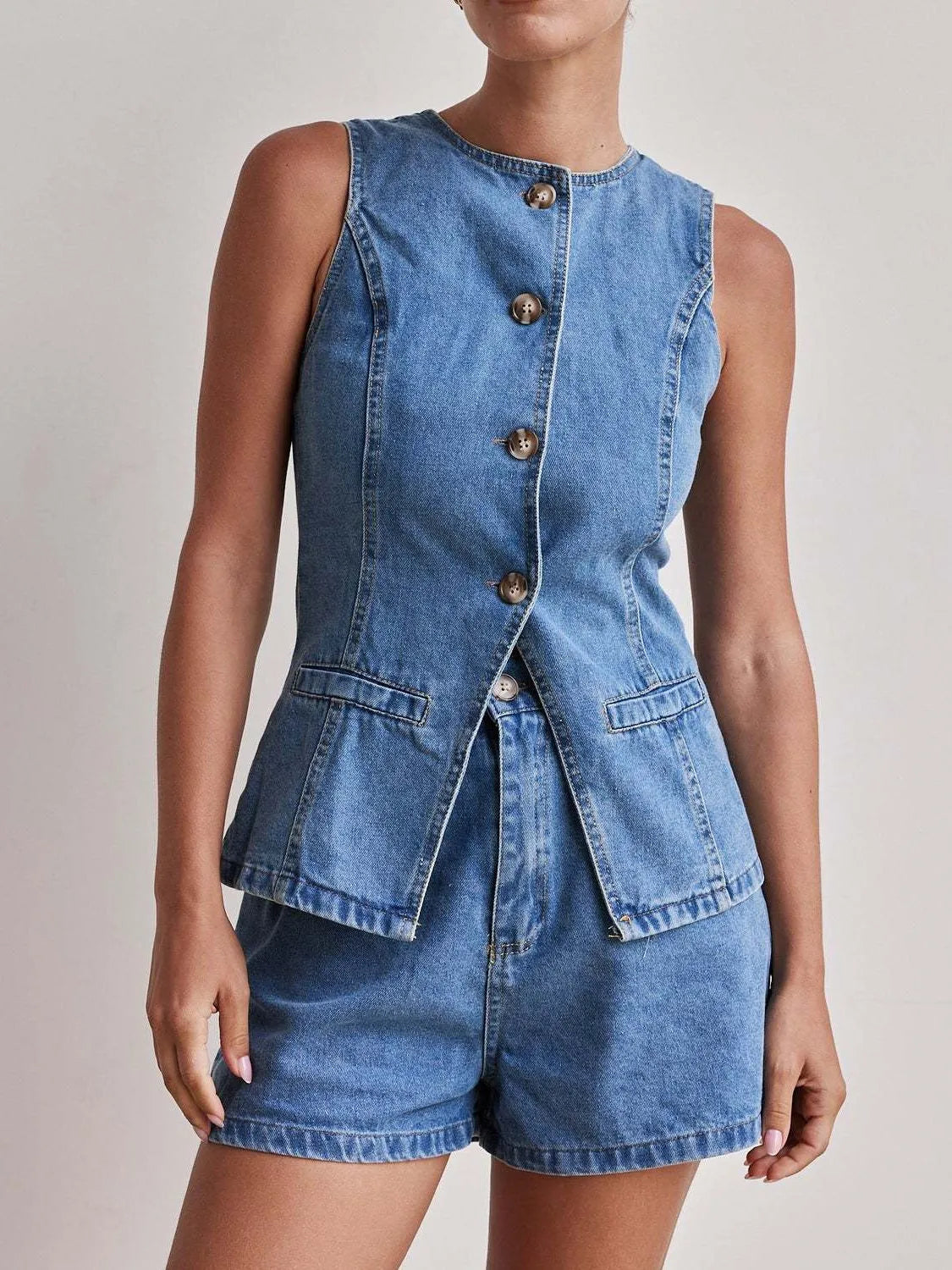 Button Down Vest and Shorts Denim Set-2 Piece Outfit Sets-Krush Kandy, Women's Online Fashion Boutique Located in Phoenix, Arizona (Scottsdale Area)