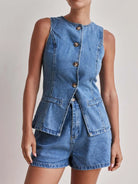 Button Down Vest and Shorts Denim Set-2 Piece Outfit Sets-Krush Kandy, Women's Online Fashion Boutique Located in Phoenix, Arizona (Scottsdale Area)